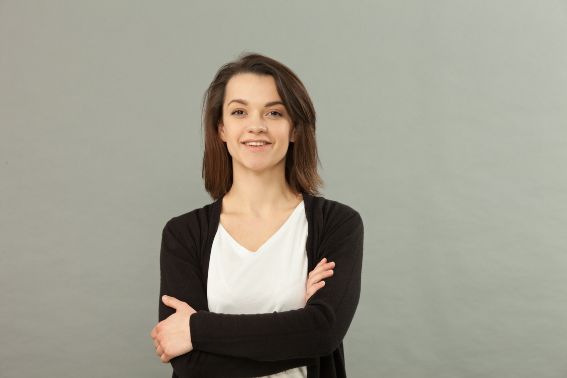 close-up studio portrait of an attractive 28 year old woman